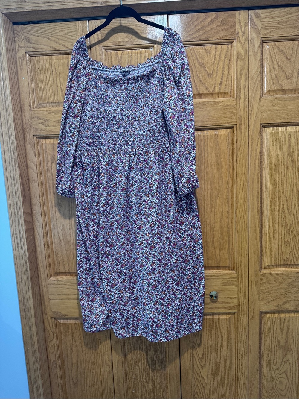 LOFT Pink Floral Smocked Long-Sleeve Midi Dress